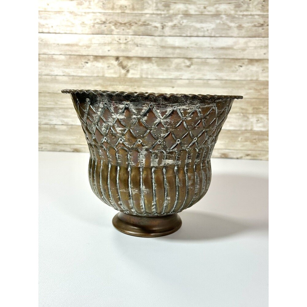 Vtg Egyptian Copper 7.5” Stamped Hand Hammered Vessel Pot Fluted Planter